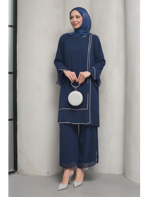 İmaj Butik Lacivert Taş Detaylı Tunik Pantolonlu Abiye Takım