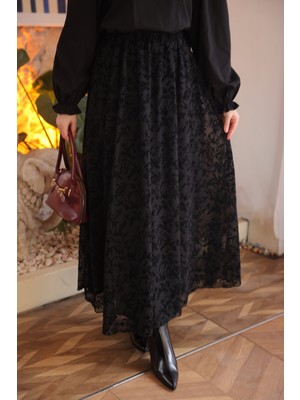 İmaj Butik Siyah Bel Lastikli Astarlı Flok Baskılı Tül Etek