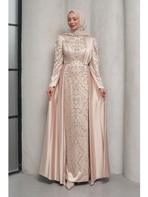 İmaj Butik Bej Önü Taşlı Saten Abiye