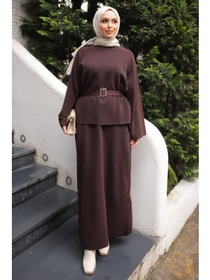 İmaj Butik Kahverengi Bel Kemer Detaylı Kazak Etekli Triko Takım