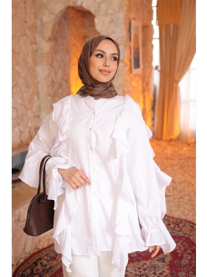 İmaj Butik Beyaz Kol Lastikli Fırfırlı Gömlek