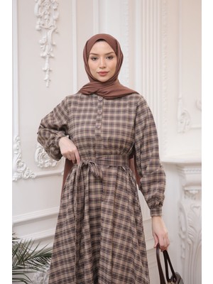 İmaj Butik Vizon Ekose Desenli Kuşaklı Elbise