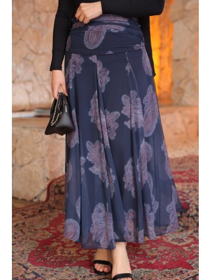 İmaj Butik Lacivert Desenli Beli Büzgü Detaylı Içi Astarlı Şifon Etek