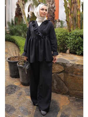 İmaj Butik Siyah Yaka Fırfırlı Tunik Pantolonlu Takım