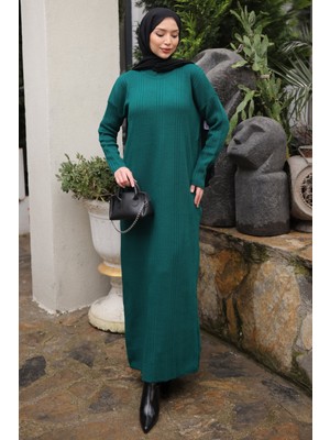 İmaj Butik Zümrüt Yeşili Dik Yaka Fitilli Triko Elbise