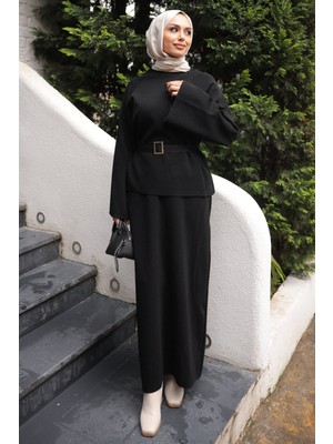 İmaj Butik Siyah Bel Kemer Detaylı Kazak Etekli Triko Takım