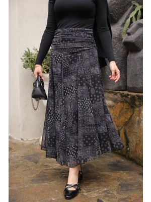 İmaj Butik Siyah Desenli Beli Büzgü Detaylı Içi Astarlı Şifon Etek