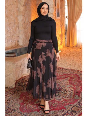 İmaj Butik Siyah Desenli Beli Büzgü Detaylı Içi Astarlı Şifon Etek