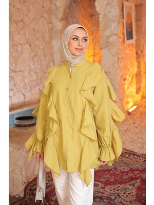 İmaj Butik Yağ Yeşili Kol Lastikli Fırfırlı Gömlek