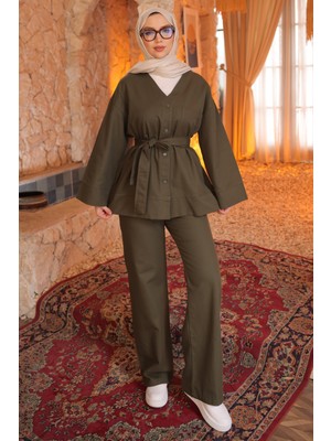 İmaj Butik Haki Kuşaklı Ceket Pantolonlu Gabardin Takım