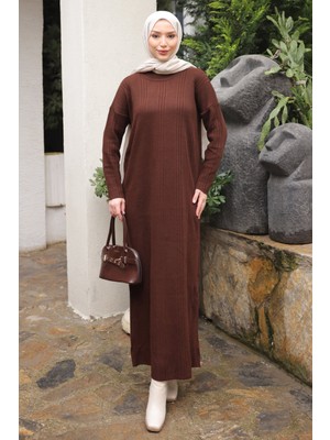 İmaj Butik Kahverengi Dik Yaka Fitilli Triko Elbise