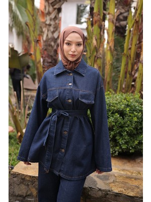 İmaj Butik Lacivert Kuşaklı Ceket Pantolonlu Kot Takım