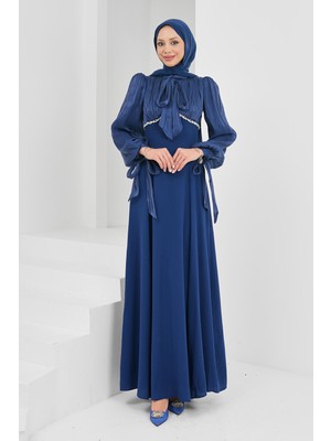 İmaj Butik Lacivert Balon Kol Taş Detaylı Abiye