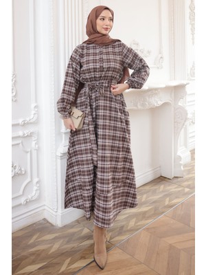 İmaj Butik Krem / Kahverengi Ekose Desenli Kuşaklı Elbise