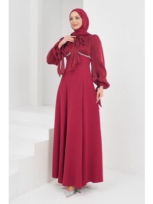 İmaj Butik Bordo Balon Kol Taş Detaylı Abiye
