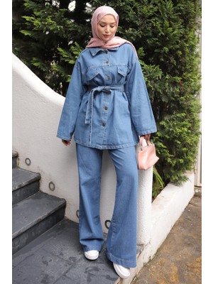 İmaj Butik Mavi Kuşaklı Ceket Pantolonlu Kot Takım