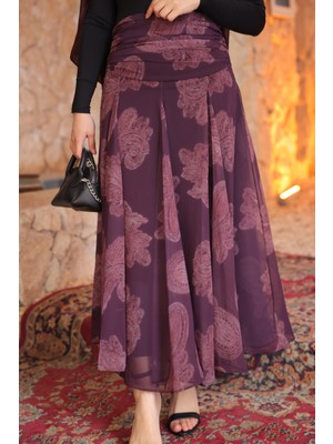 İmaj Butik Mor Desenli Beli Büzgü Detaylı Içi Astarlı Şifon Etek