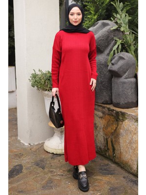 İmaj Butik Kırmızı Dik Yaka Fitilli Triko Elbise