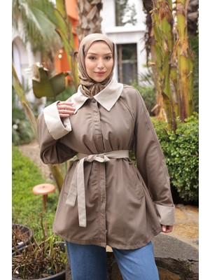 İmaj Butik Vizon Kuşaklı Garnili Kısa Trençkot