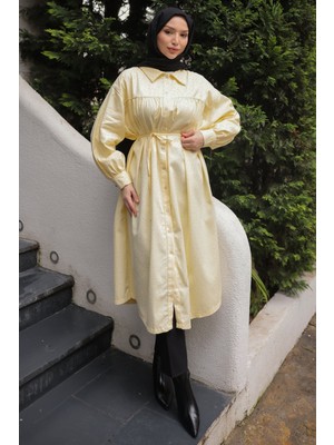 İmaj Butik Sarı Oversize Taşlı Düğmeli Gabardin Tunik
