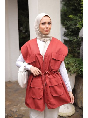 İmaj Butik Kiremit Bel Bağlamalı Cepli Astarlı Gabardin Yelek