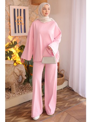 İmaj Butik Pembe Bisiklet Yaka Sweat Pantolonlu Takım