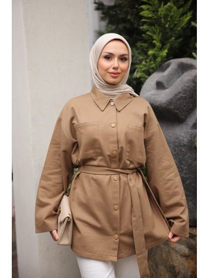 İmaj Butik Vizon Çıçıtlı Cepli Oversize Gabardin Gömlek