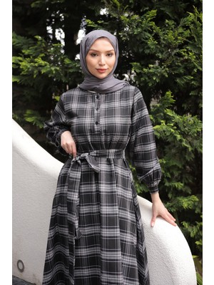 İmaj Butik Antrasit Kuşaklı Önü Düğmeli Uzun Ekose Elbise