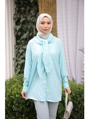 İmaj Butik Buz Mavi Yaka Detaylı  Pötikareli Tunik Gömlek