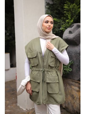 İmaj Butik Haki Bel Bağlamalı Cepli Astarlı Gabardin Yelek