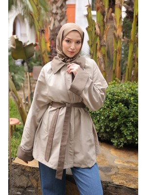 İmaj Butik Taş Kuşaklı Garnili Kısa Trençkot