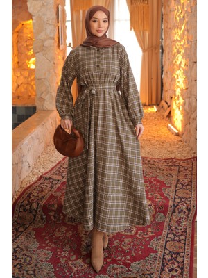 İmaj Butik Haki Kuşaklı Önü Düğmeli Uzun Ekose Elbise