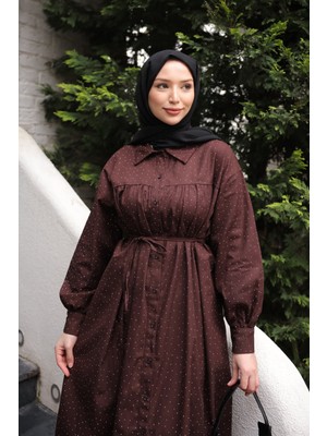 İmaj Butik Kahverengi Oversize Taşlı Düğmeli Gabardin Tunik