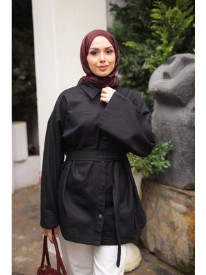 İmaj Butik Siyah Çıçıtlı Cepli Oversize Gabardin Gömlek