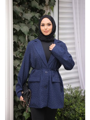 İmaj Butik Lacivert Taş Baskılı Astarlı Ceket