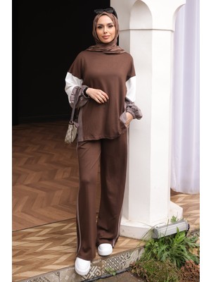 İmaj Butik Kahverengi Renk Bloklu Modal Swaet Pantolonlu Takım