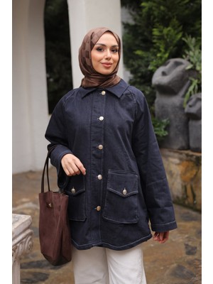 İmaj Butik Lacivert Cepli Astarlı Kot Ceket