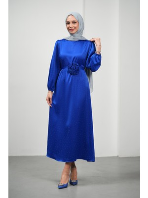 İmaj Butik Saks Mavi Çiçek Kemerli Taşlı Saten Abiye