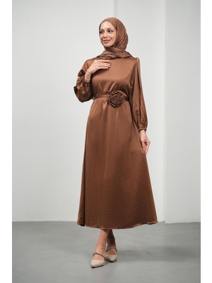 İmaj Butik Kahverengi Çiçek Kemerli Taşlı Saten Abiye