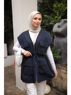İmaj Butik Lacivert Bel Bağlamalı Cepli Astarlı Gabardin Yelek