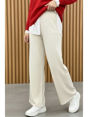 İmaj Butik Krem Yüksek Bel Bol Paça Triko Pantolon