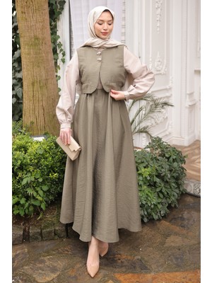İmaj Butik Haki Bel Lastikli Yelek Kombinli Elbise Takım