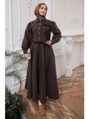 İmaj Butik Kahverengi Yaka Detaylı Crop Gömlek Etekli Takım
