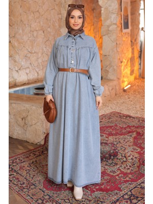 İmaj Butik Mavi Kol Lastikli Kemerli Kot Elbise