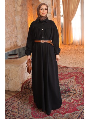 İmaj Butik Siyah Kol Lastikli Kemerli Kot Elbise