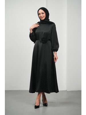 İmaj Butik Siyah Çiçek Kemerli Taşlı Saten Abiye