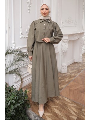 İmaj Butik Haki Yaka Detaylı Crop Gömlek Etekli Takım