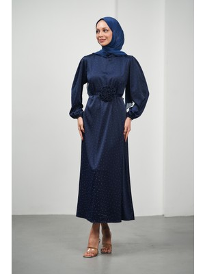 İmaj Butik Lacivert Çiçek Kemerli Taşlı Saten Abiye