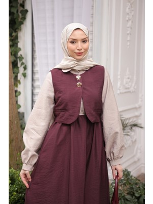 İmaj Butik Bordo Bel Lastikli Yelek Kombinli Elbise Takım