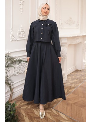 İmaj Butik Lacivert Yaka Detaylı Crop Gömlek Etekli Takım